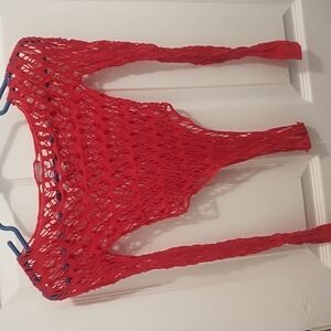 Red Fishnet Long Sleeve Top